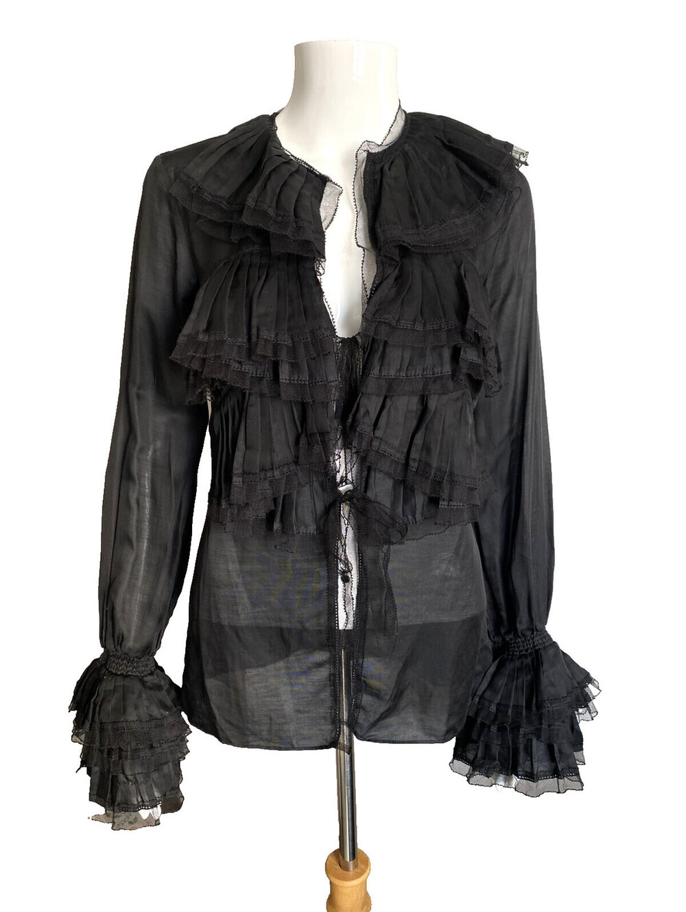 Vintage Roberto Cavalli IT-38 US-4 Black Ruffle Blouse Semi Sheer Silk Cotton